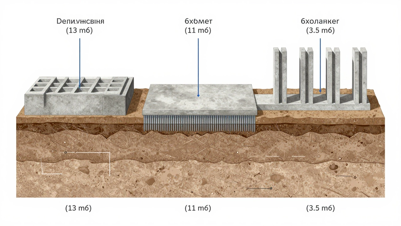 Сравнительный разрез трёх типов фундаментов для дома 6х6: ленточный, плитный и столбчатый с указанием объёмов бетона.