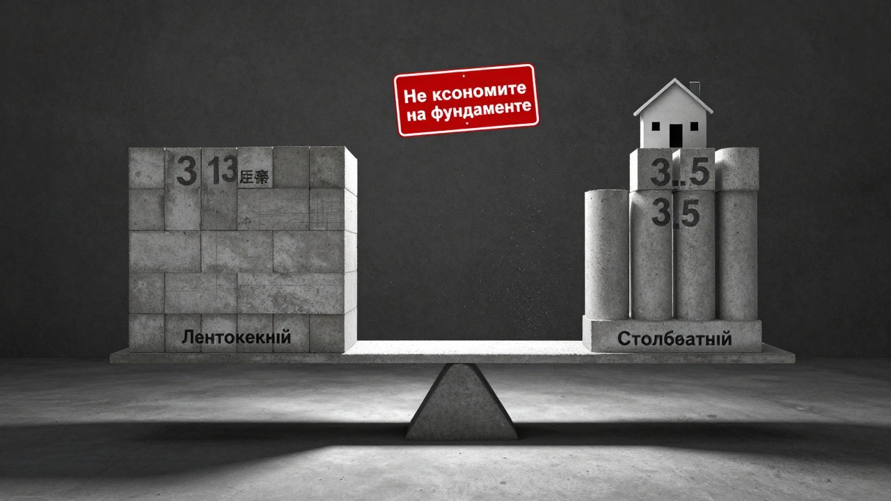 Весы с бетонными блоками: 13 кубометров против 3,5 кубометров, надпись &#039;Не экономьте на фундаменте&#039; в небе.
