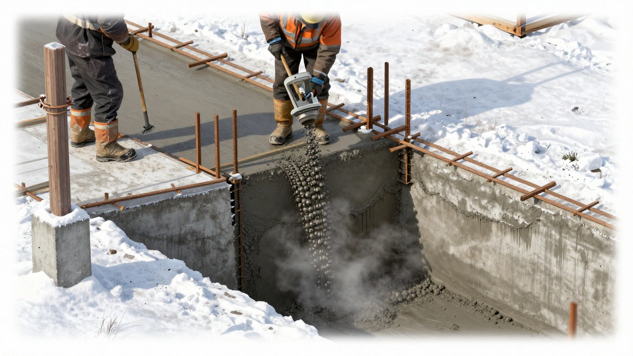 Заливка фундамента с армированием и вибратором в условиях мороза в Свердловской области.