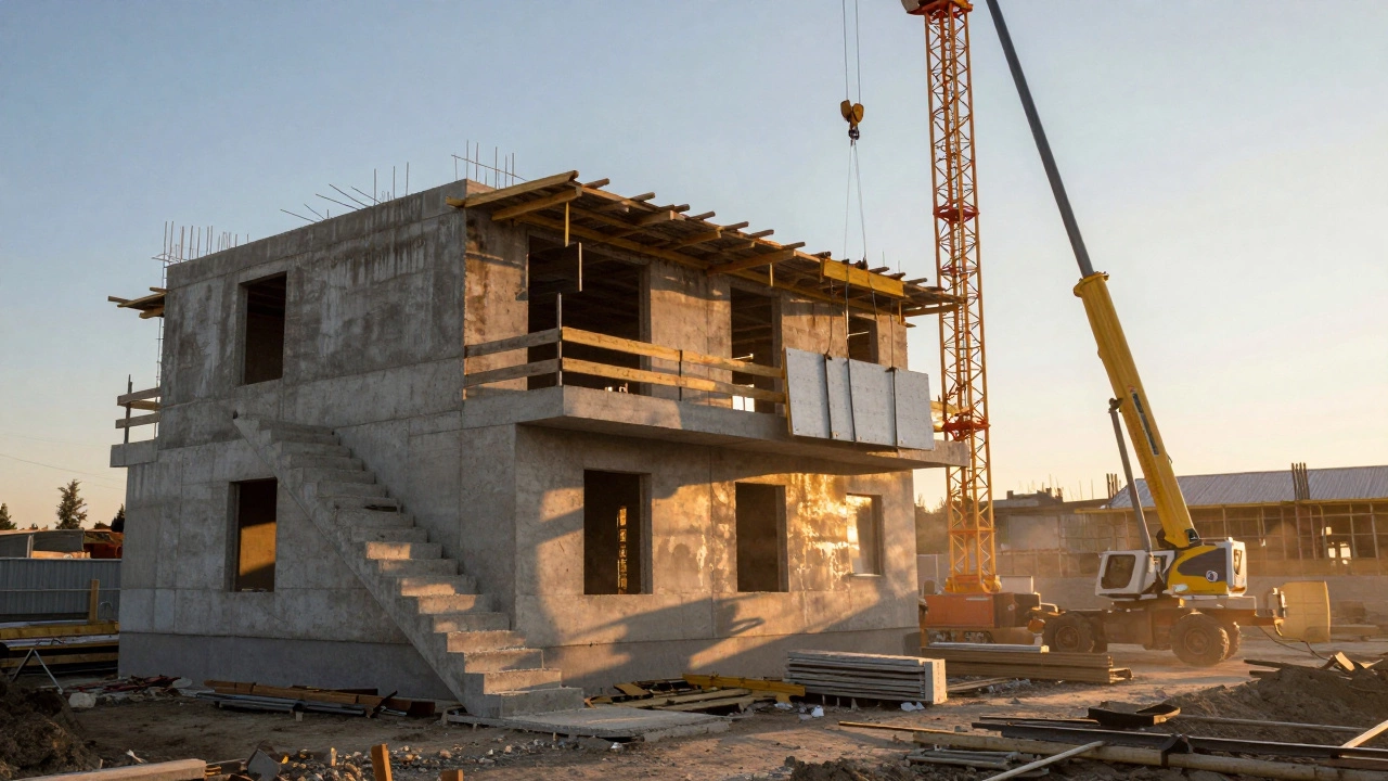 Частично построенный дом с монолитной лестницей и сборными стенами на закате.