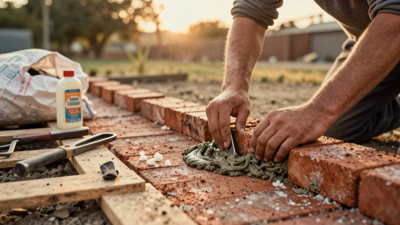 Человек кладет кирпичи для садовой дорожки, рядом лежит бутылка жидкого мыла и мешок цемента.