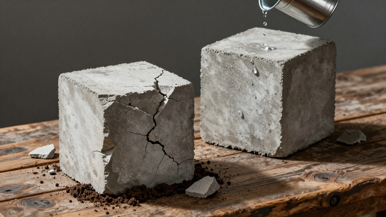 Два бетонных куба: один треснувший, другой целый с каплями воды для ухода.