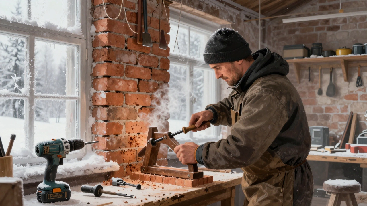 Мастер использует ручное сверло в холодной мастерской, на полке рядом лежит замерзшая аккумуляторная дрель.