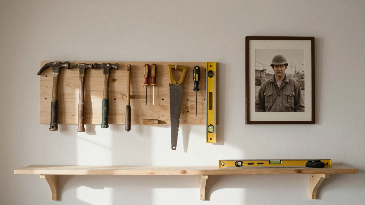 Набор ручных инструментов висит на доске в уютной мастерской, утром свет падает на деревянные полки.
