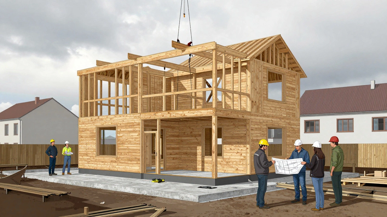 Одноэтажный дом в Екатеринбурге расширяется вторым этажом с установкой балок и перекрытий.