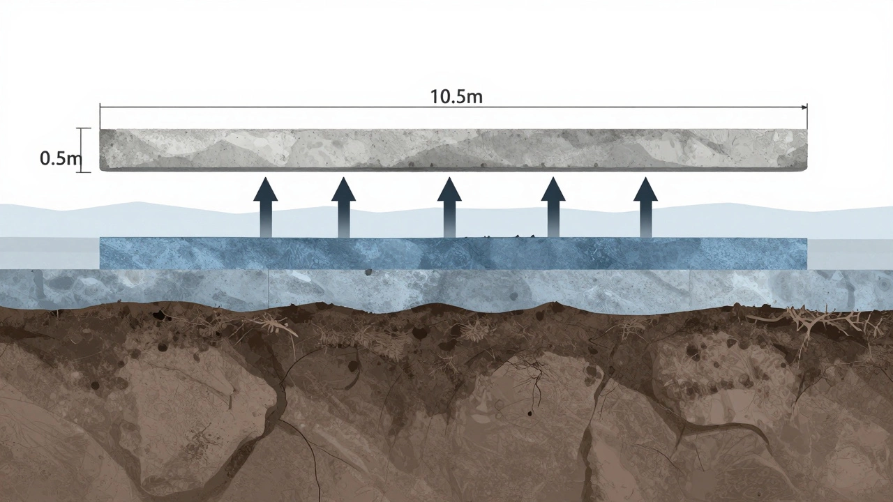 Поперечный разрез монолитной плиты на пучинистом грунте с уровнем грунтовых вод и силами морозного пучения.