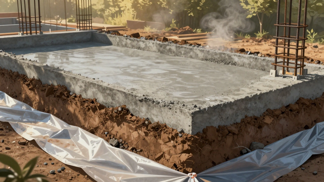 Разрез фундамента с слоями щебня, песка, арматуры и залитого бетона под пленкой.