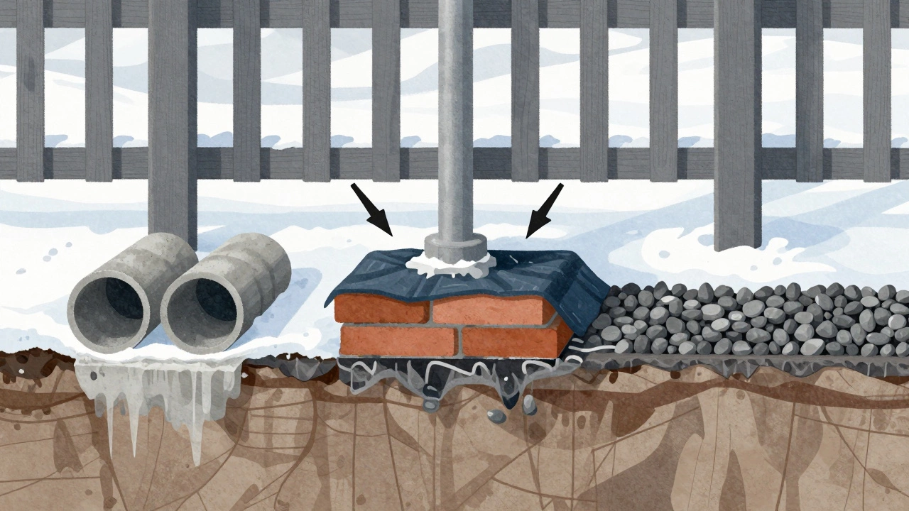 Разрез фундаментов забора: бетон, кирпич и щебень, с указанием сил морозного пучения.
