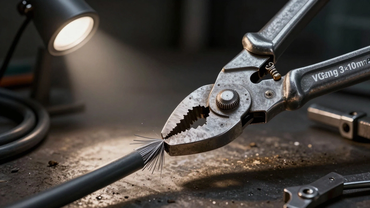 Ручной кабелерез аккуратно перекусывает толстый силовой кабель с чистым срезом.