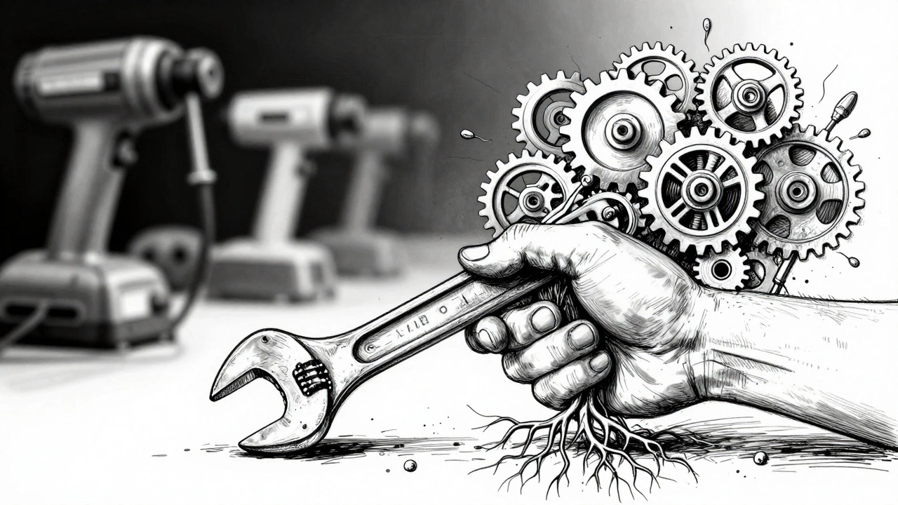 Рука держит гаечный ключ, из неё растут шестерёнки, символизирующие физику ручного труда, на фоне тусклых силуэтов электрических инструментов.