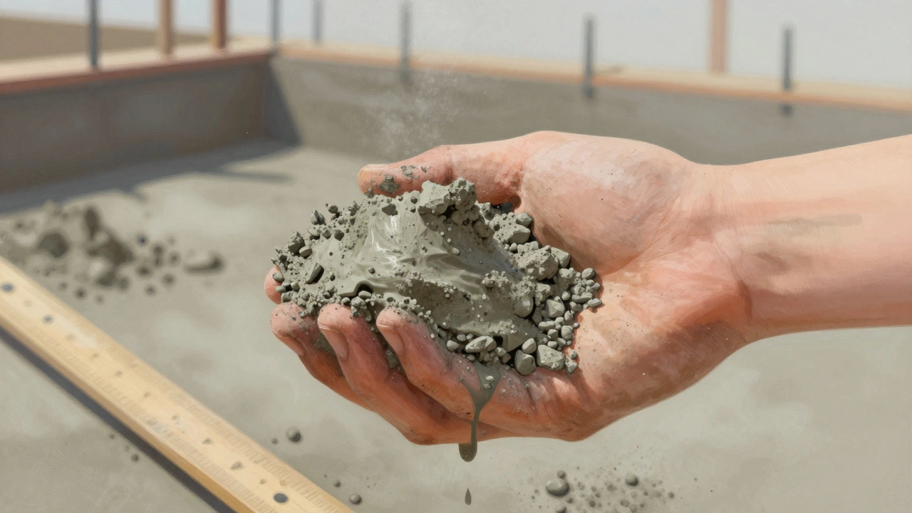 Рука сжимает готовую бетонную смесь, которая держит форму, как влажный снег, без капель.