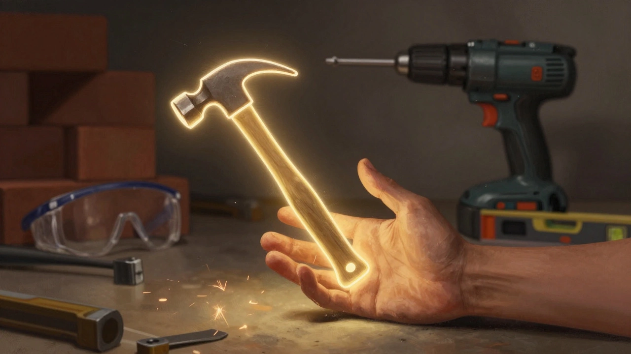 Рука тянется к светящимся инструментам, а материалы и защита тускнеют на фоне.