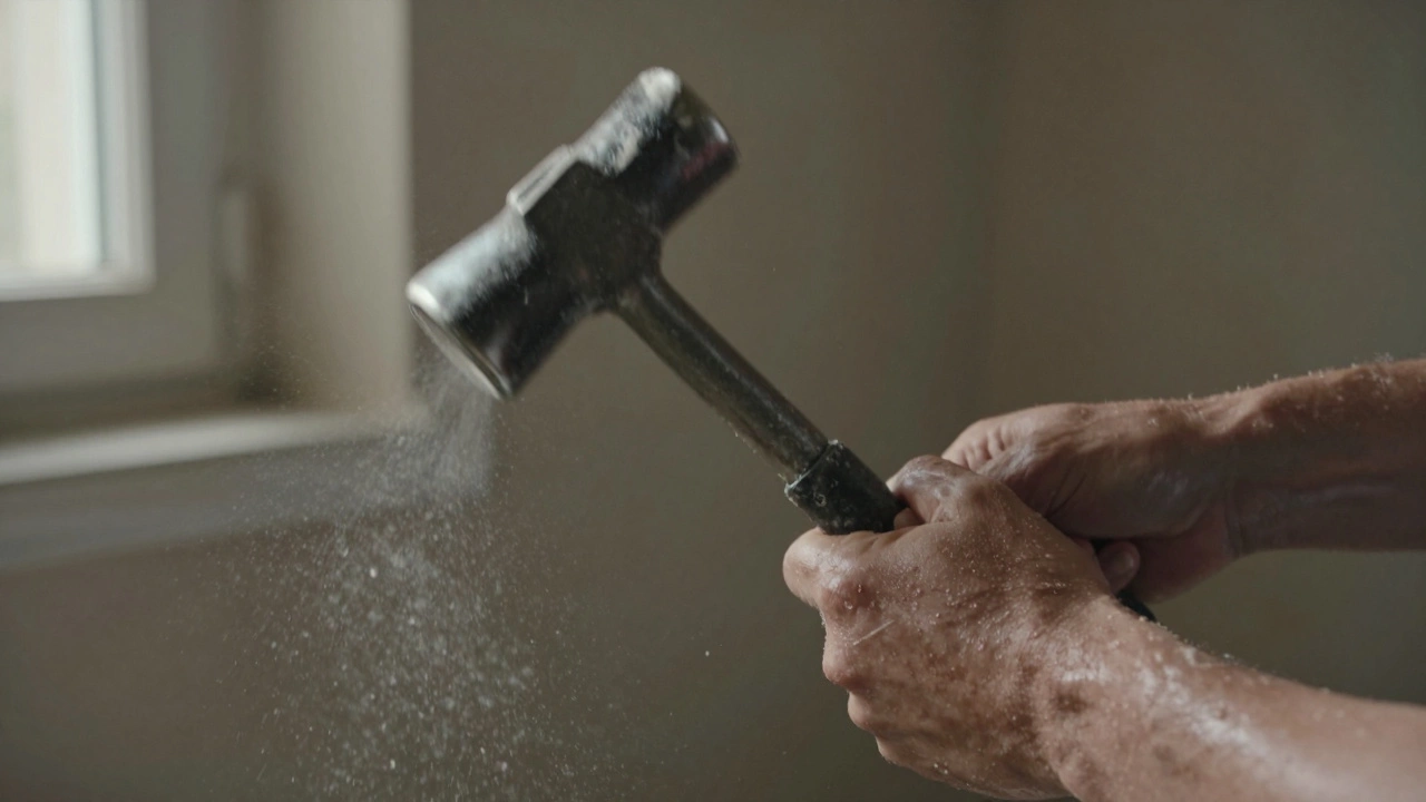 Руки мастера с молотком и зубилом сбивают старую штукатурку, частицы пыли летят в воздухе.