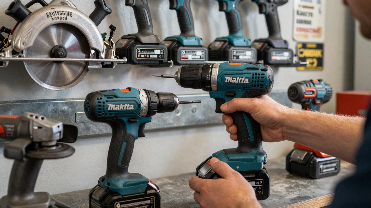 Руки устанавливают аккумулятор в дрель, рядом на стене — другие аккумуляторные инструменты.