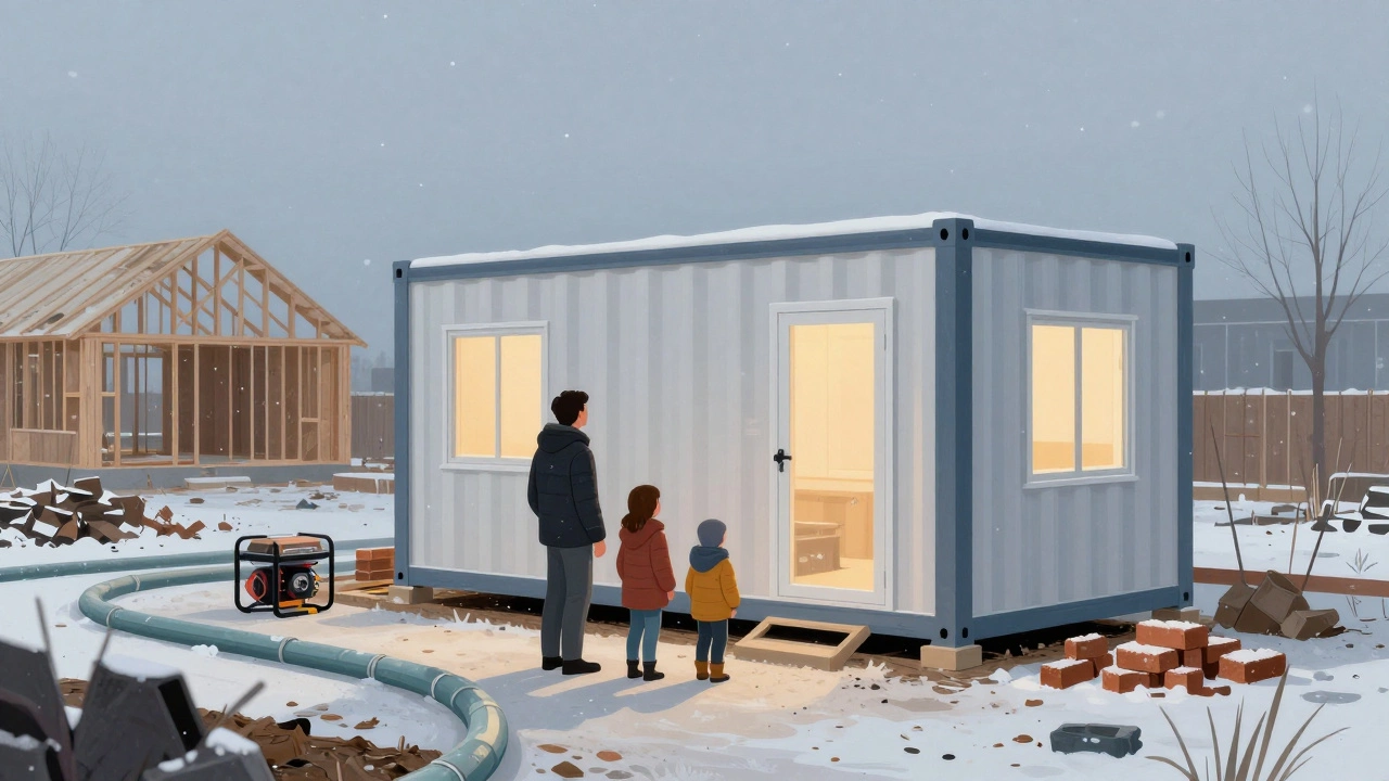 Семья у временного жилья на стройке с коммуникациями и кирпичами под снегом.