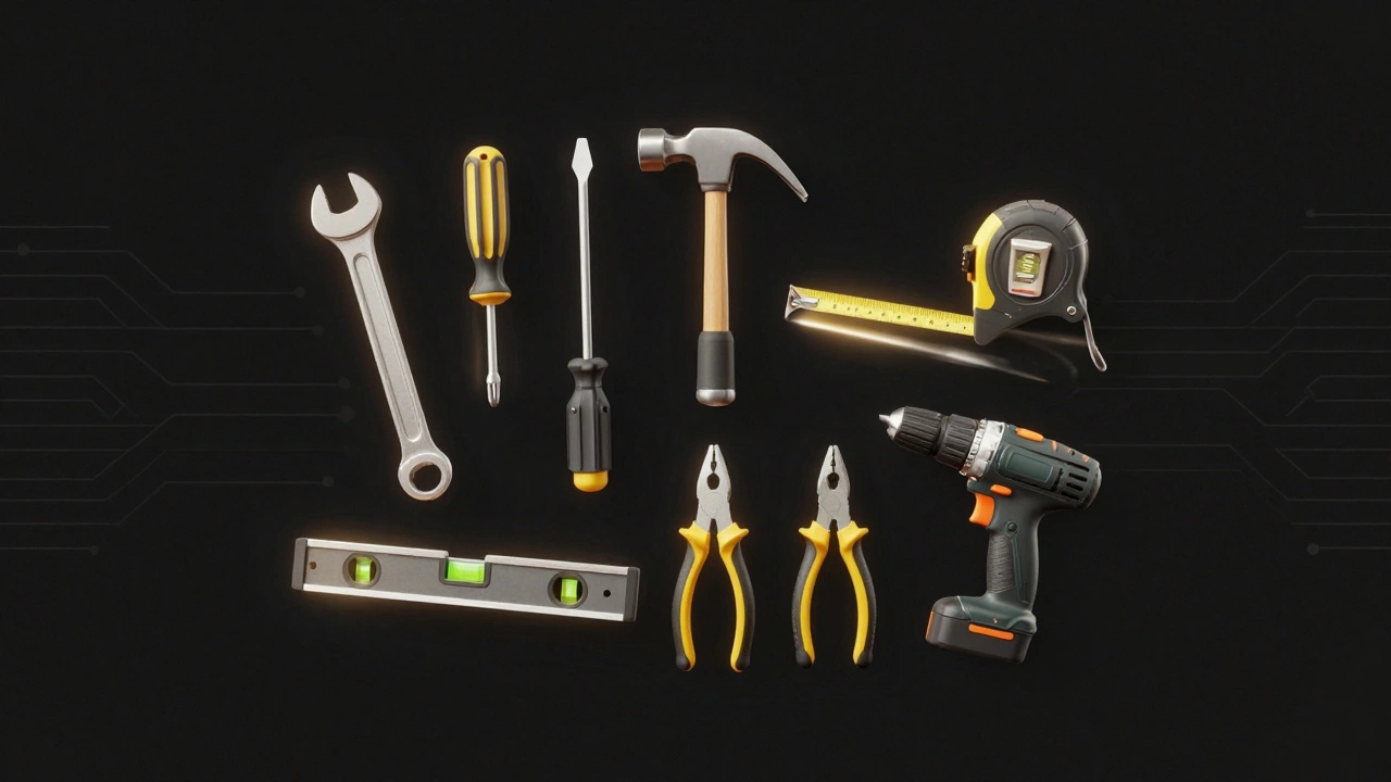 Современный набор инструментов в виде светящихся элементов, парящих в воздухе, символизирующих качество и надежность.