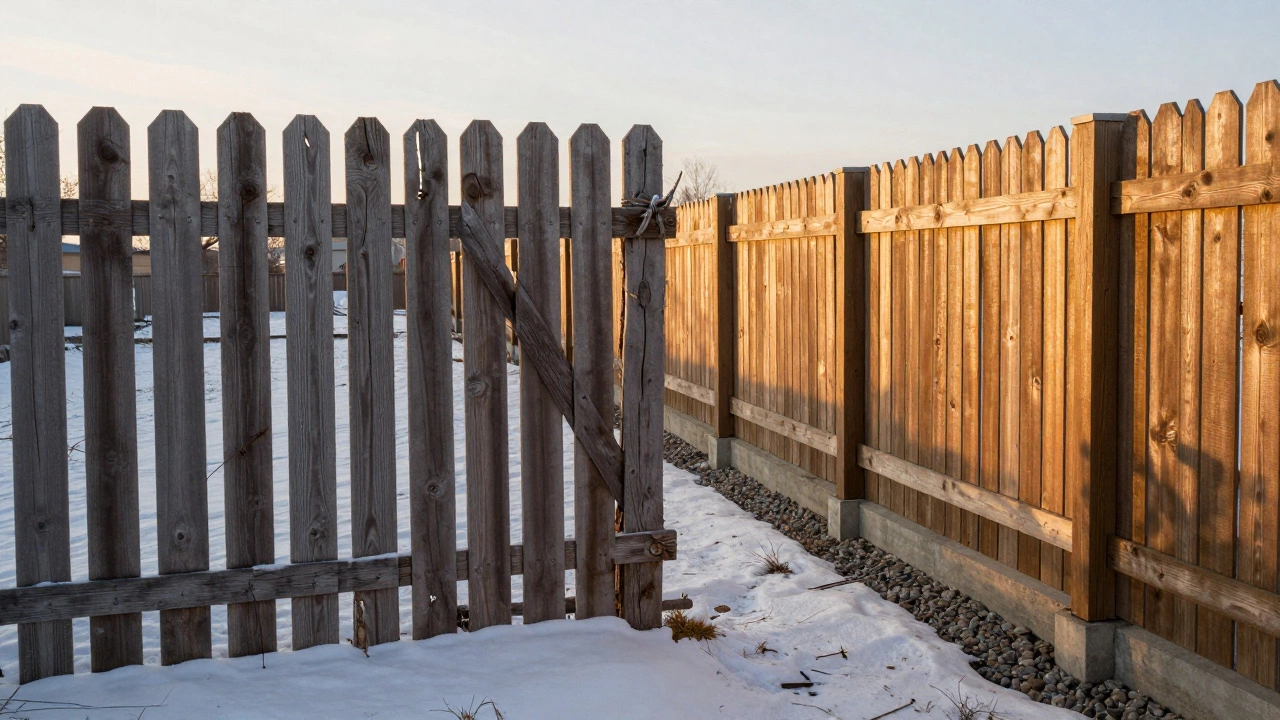 Сравнение: кривой забор после зимы и ровный с правильным основанием на закате.