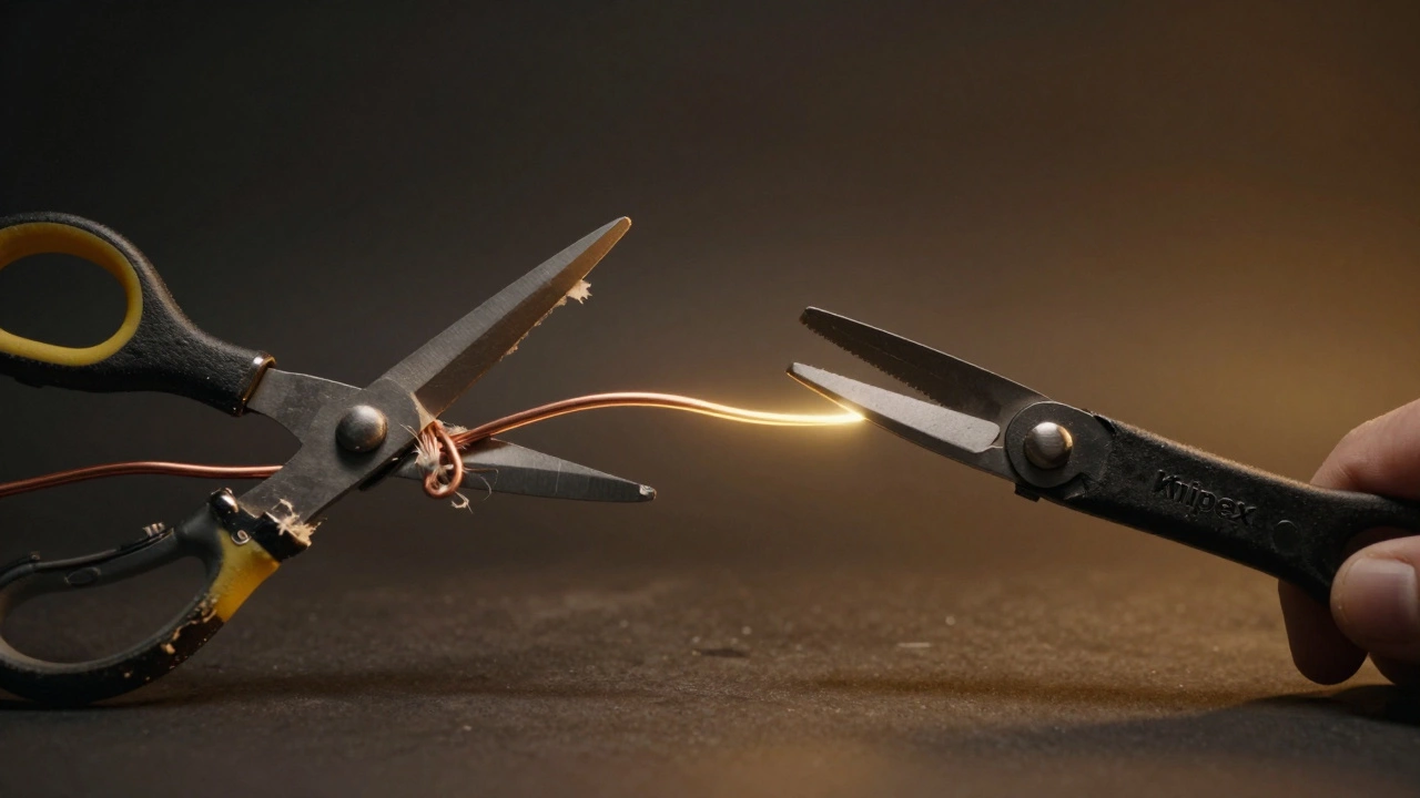 Сравнение: сломанные ножницы и профессиональные бокорезы при резке провода.