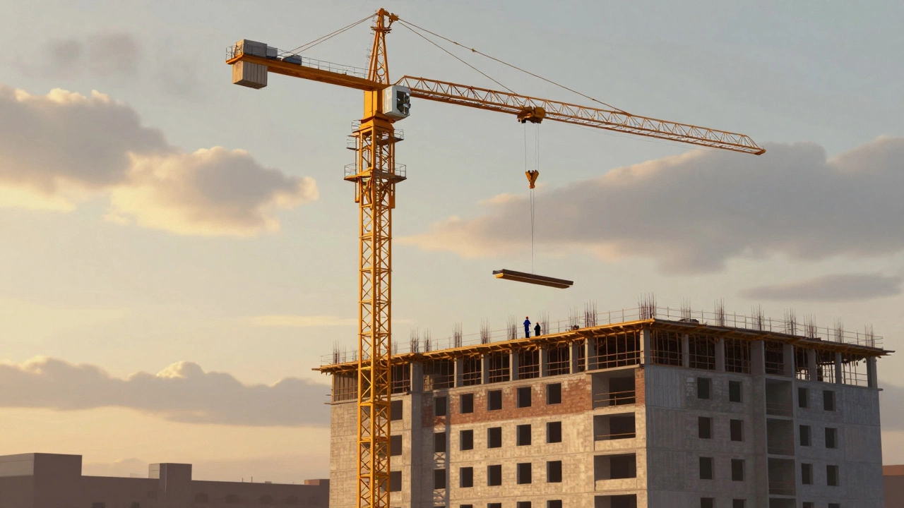 Башенный кран поднимает балки при строительстве 20-этажного дома в Екатеринбурге.