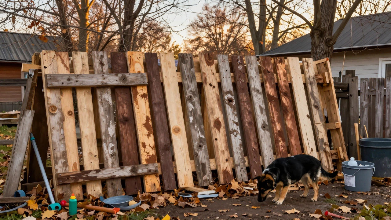 Деревянный забор, сделанный из подручных материалов, с неровной покраской и листьями вокруг на дачном участке.