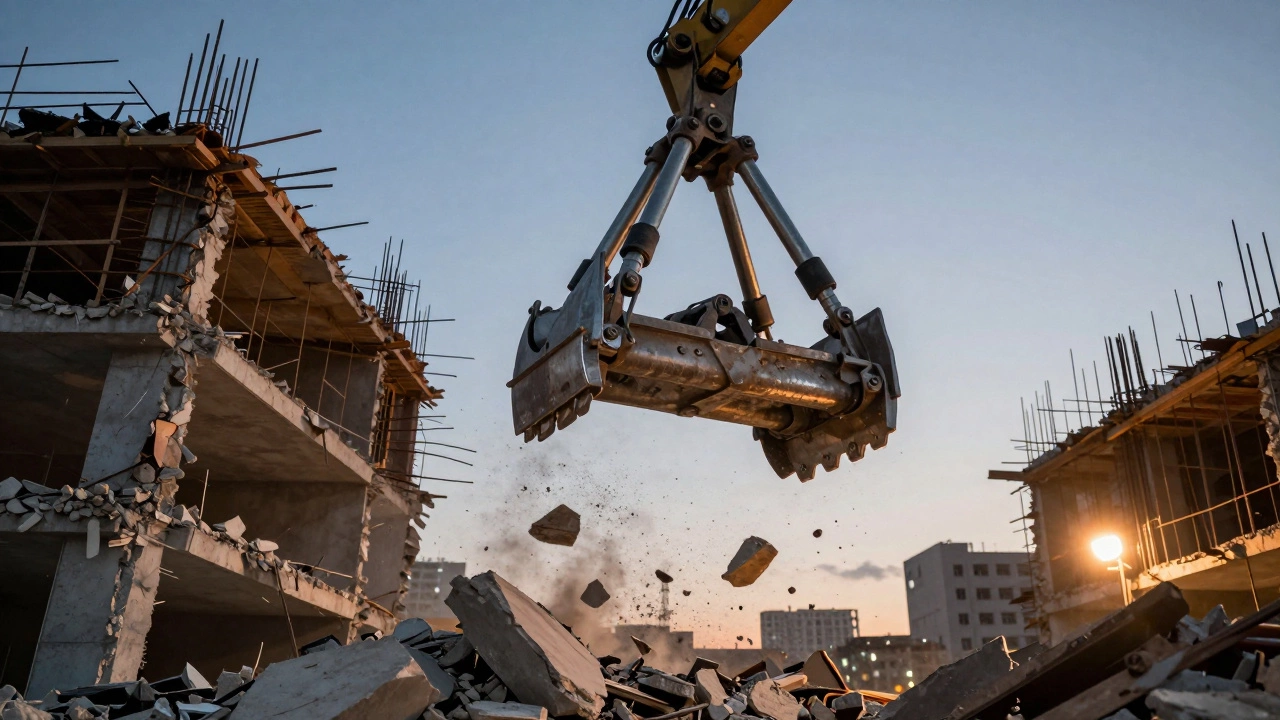 Грейфер захватывает обломки бетона и арматуры при демонтаже здания.