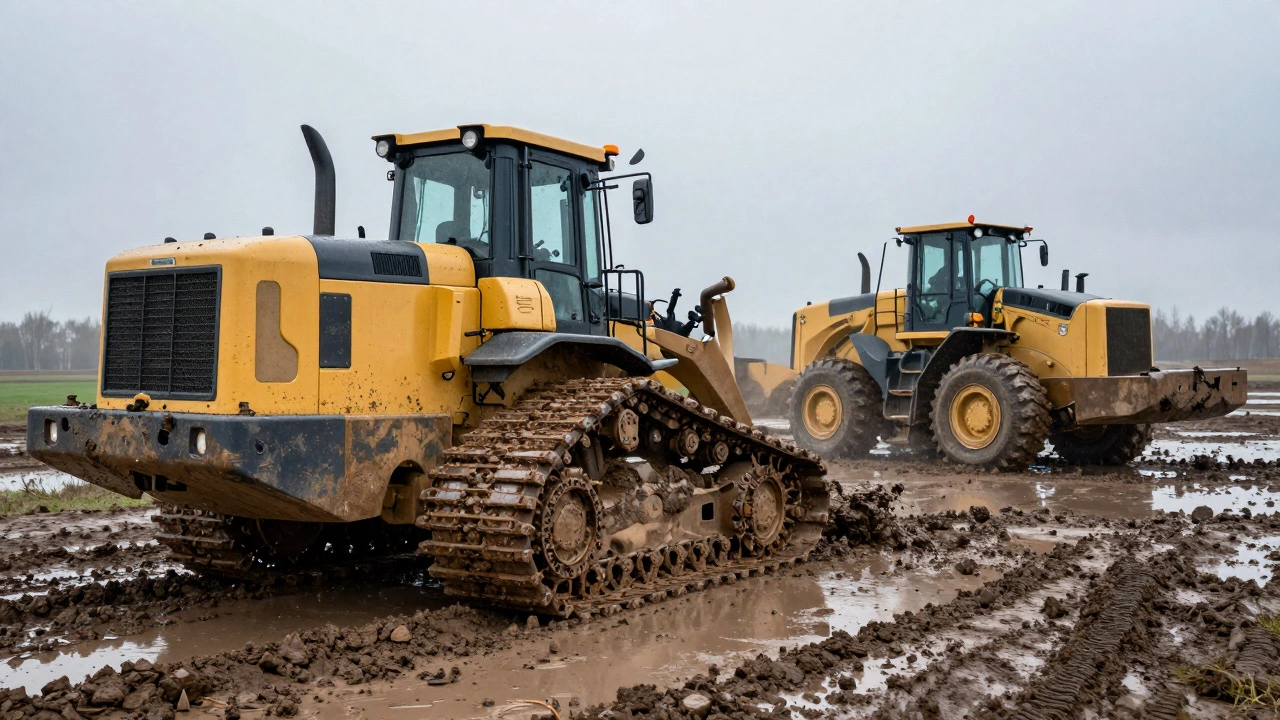 Гусеничный погрузчик преодолевает глинистую грязь в Свердловской области весной.