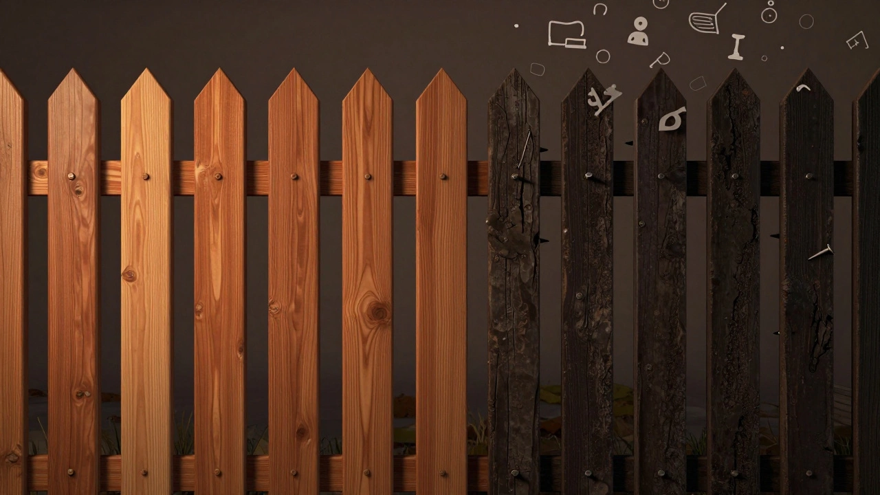 Художественное изображение забора: одна сторона светлая и идеальная, другая — темная и грубая, как символ уважения и пренебрежения.