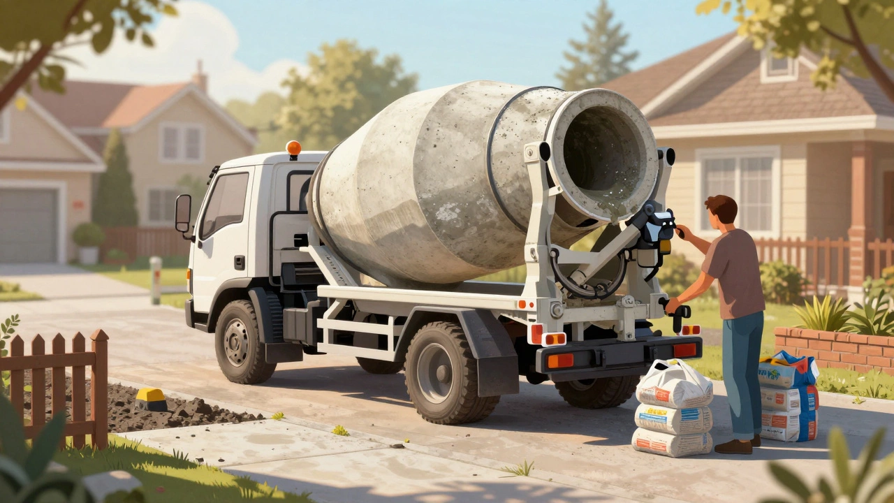 Компактная бетономешалка загружается на грузовик у частного дома.