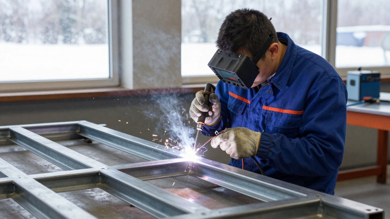Мастер использует MIG/MAG сварку для создания ровного шва на стальной конструкции в мастерской.