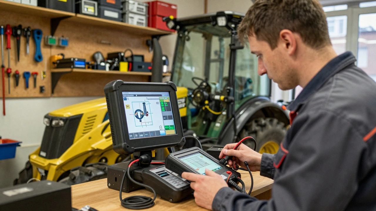 Механик подключает диагностический сканер к погрузчику John Deere в мастерской.