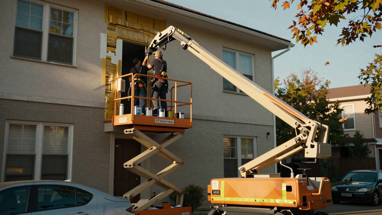 Мобильный подъемник на фасаде дома, рабочие выполняют утепление и покраску.