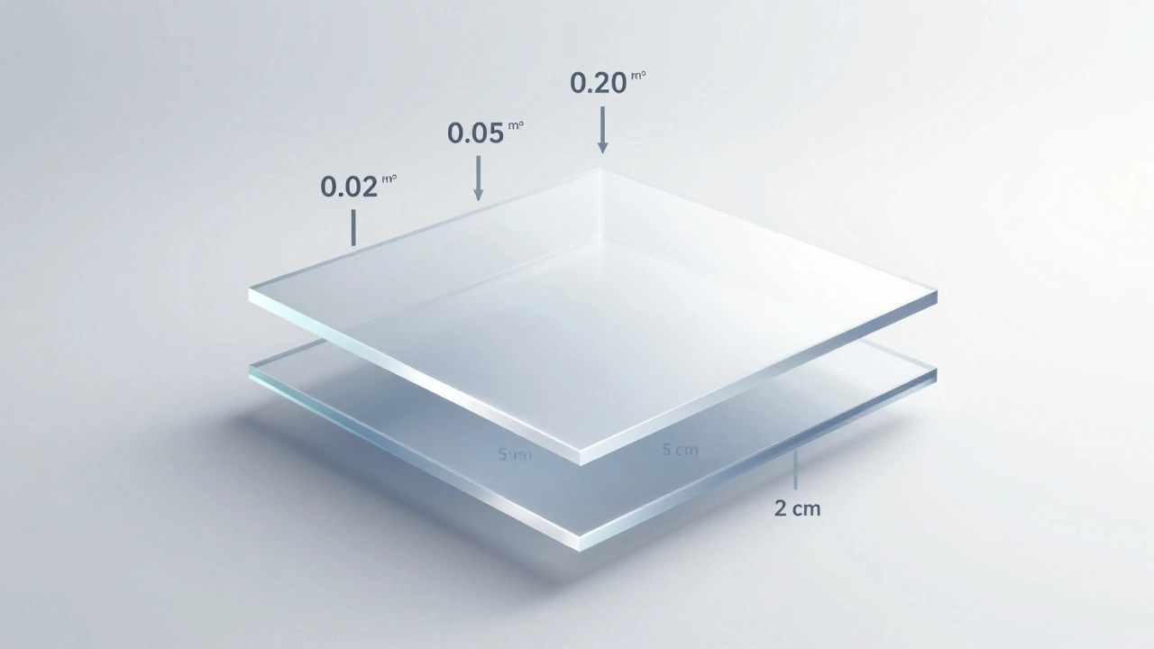 Прозрачная плита 1x1 м с тремя уровнями толщины бетона: 2 см, 5 см и 20 см.