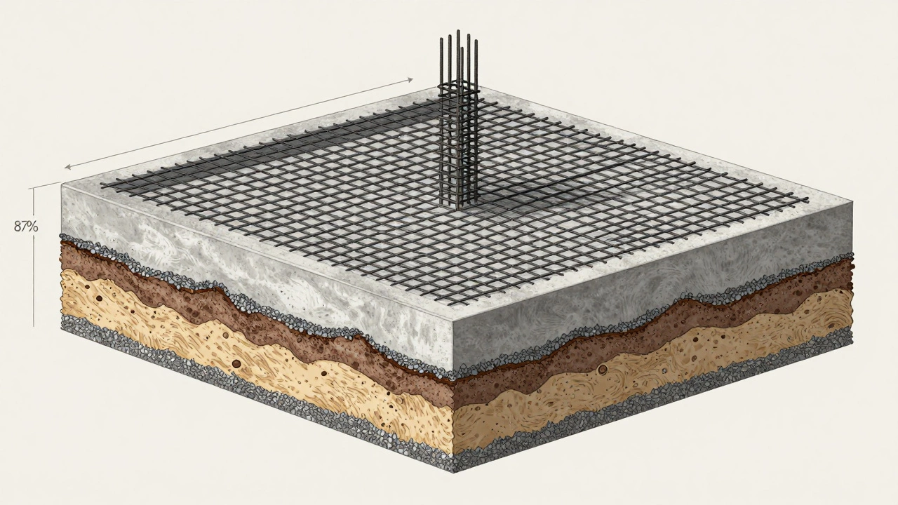 Разрез фундамента с арматурой и слоями грунта, показывающий расчёт объёма с учётом усадки.