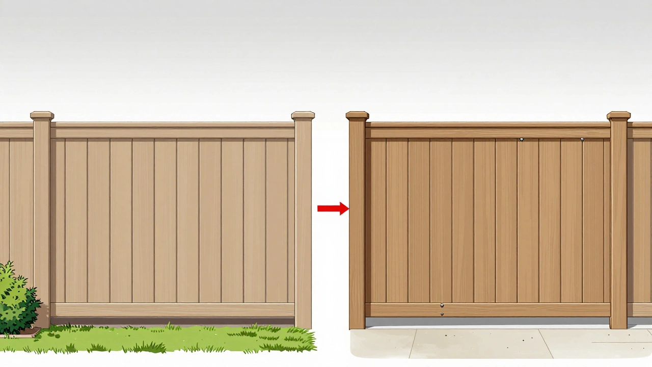 Сравнение двух установок забора: одна правильно — с чистой стороной к соседу, другая — с торчащими гвоздями и необработанными краями.