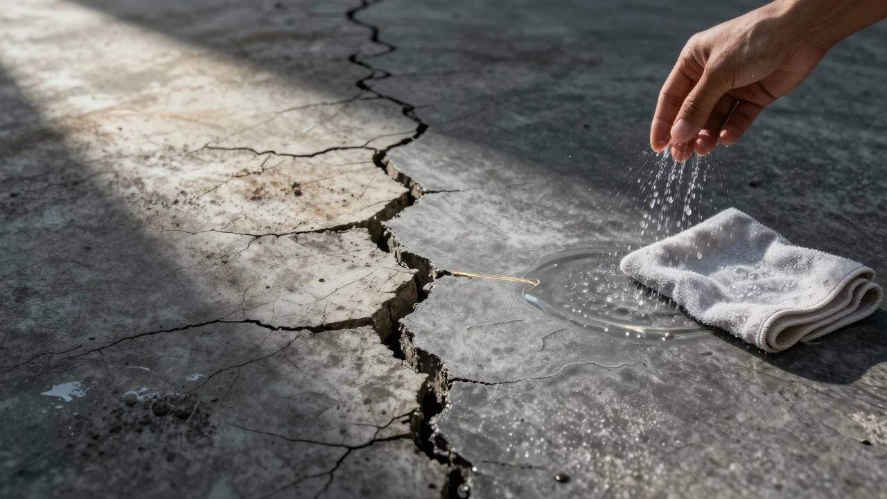 Сравнение треснувшего и целого бетона: слева — сухость и солнце, справа — увлажнение и капли воды, символизирующие правильный уход.