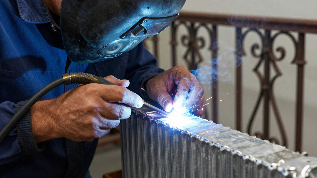 Тонкая алюминиевая деталь под TIG сваркой, мастер сосредоточенно управляет дугой с аргоновой защитой.