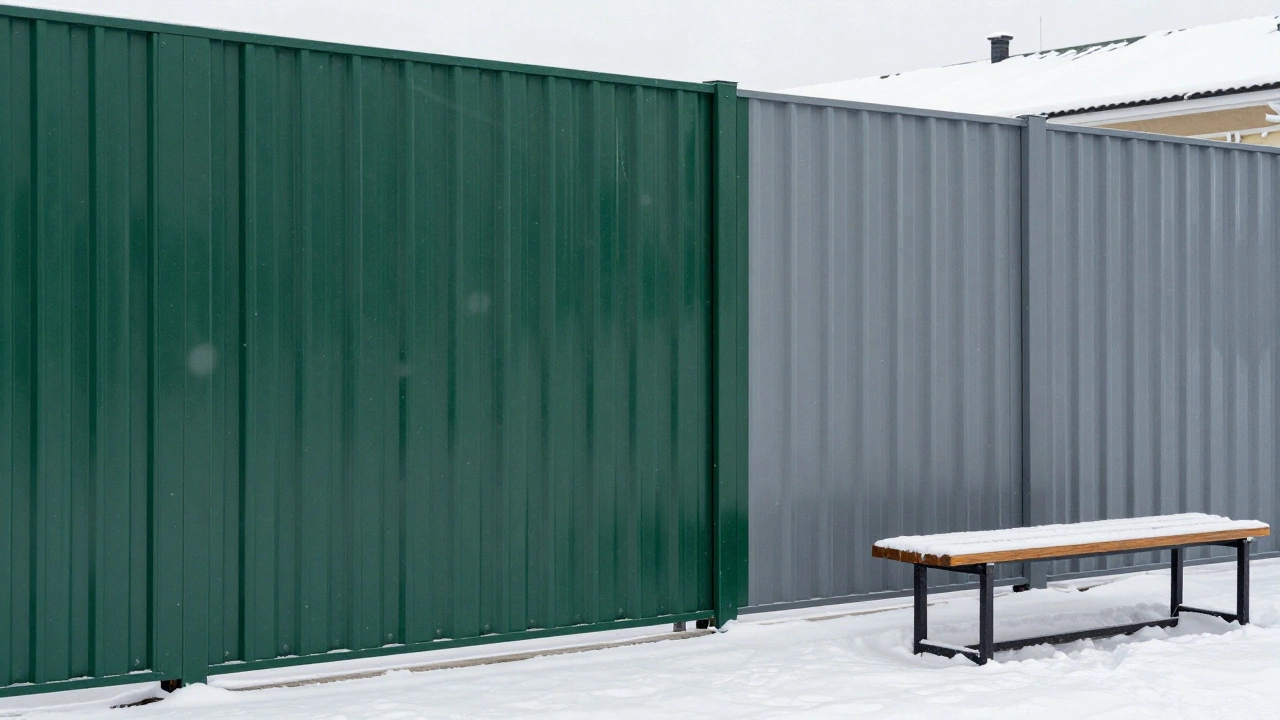 Забор из профлиста С8 с гофрированной структурой и цветом серо-зелёного оттенка на участке в Екатеринбурге.