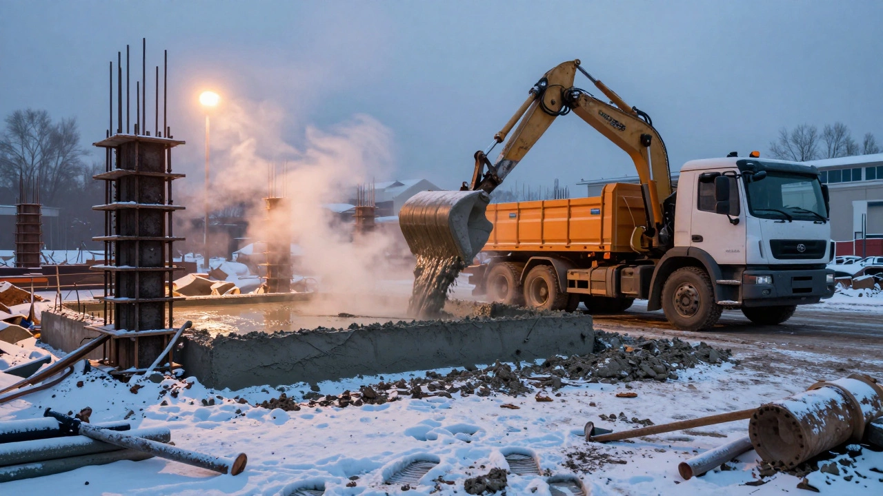Заливка фундамента толщиной 20 см на зимней стройке в Екатеринбурге, пар поднимается от бетона.