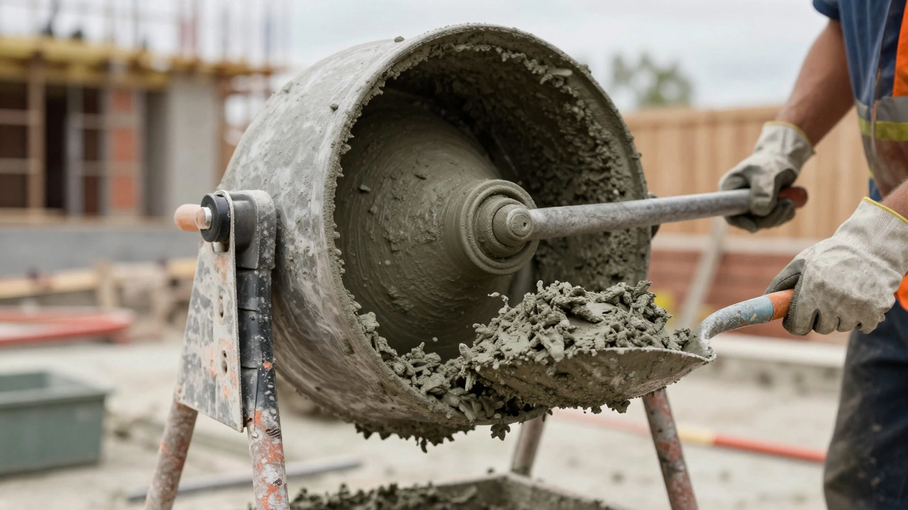 Человек управляет бетономешалкой, проверяя густоту смеси лопатой.