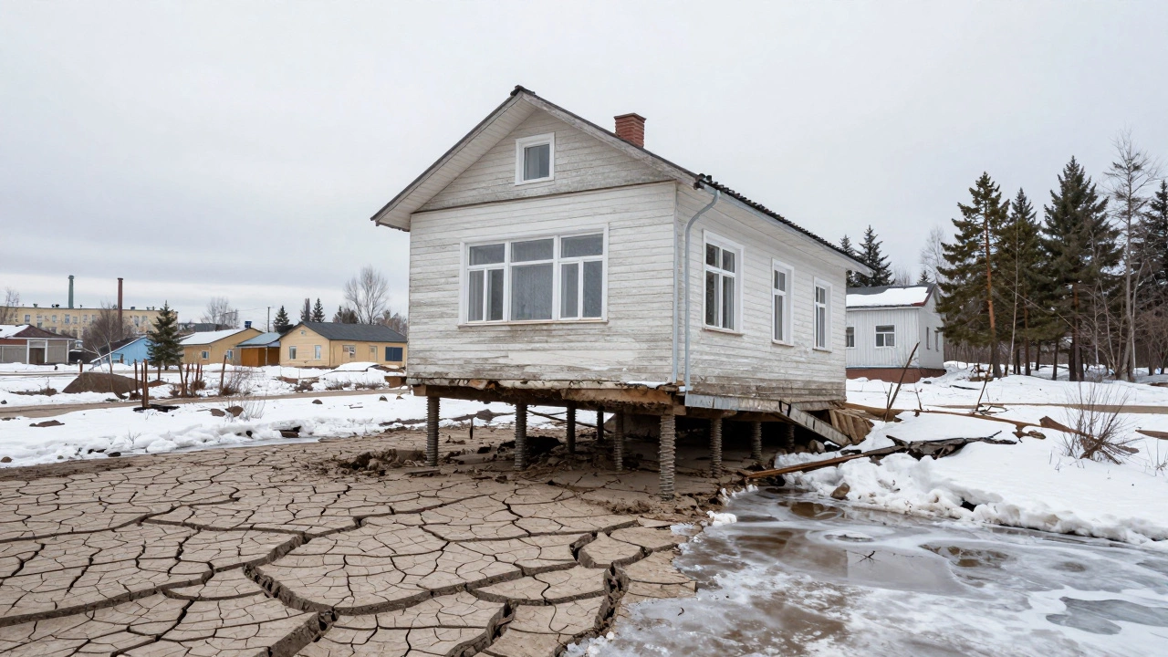 Дом на сваях стоит ровно, а соседний с ленточным фундаментом перекошен и треснул на морозе.