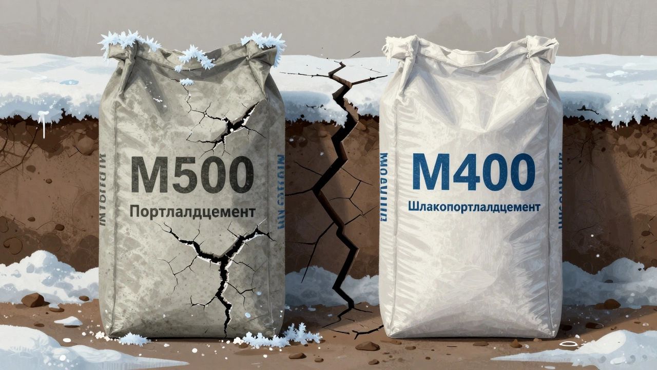 Два мешка цемента: один с трещинами и морозом, другой — с водостойкой текстурой, на фоне промерзшей земли.