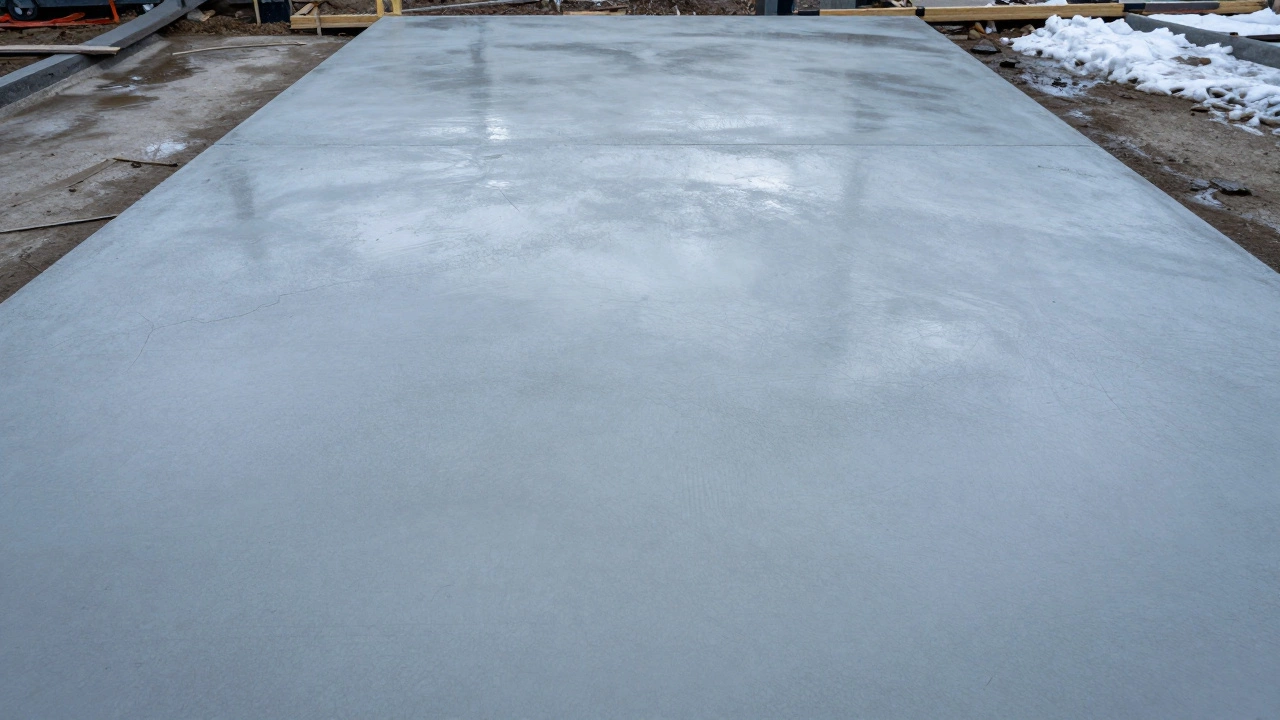 Гладкая поверхность залитого фундамента без трещин рядом со снегом.