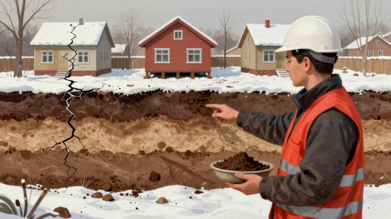 Инженер показывает слои грунта на снежном участке, рядом — три дома с разными фундаментами.