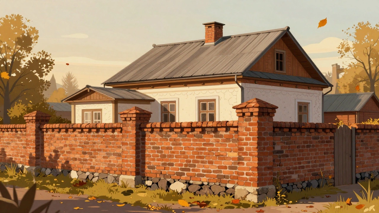 Кирпичный забор вокруг уютного загородного дома с видимым фундаментом и осенними листьями.