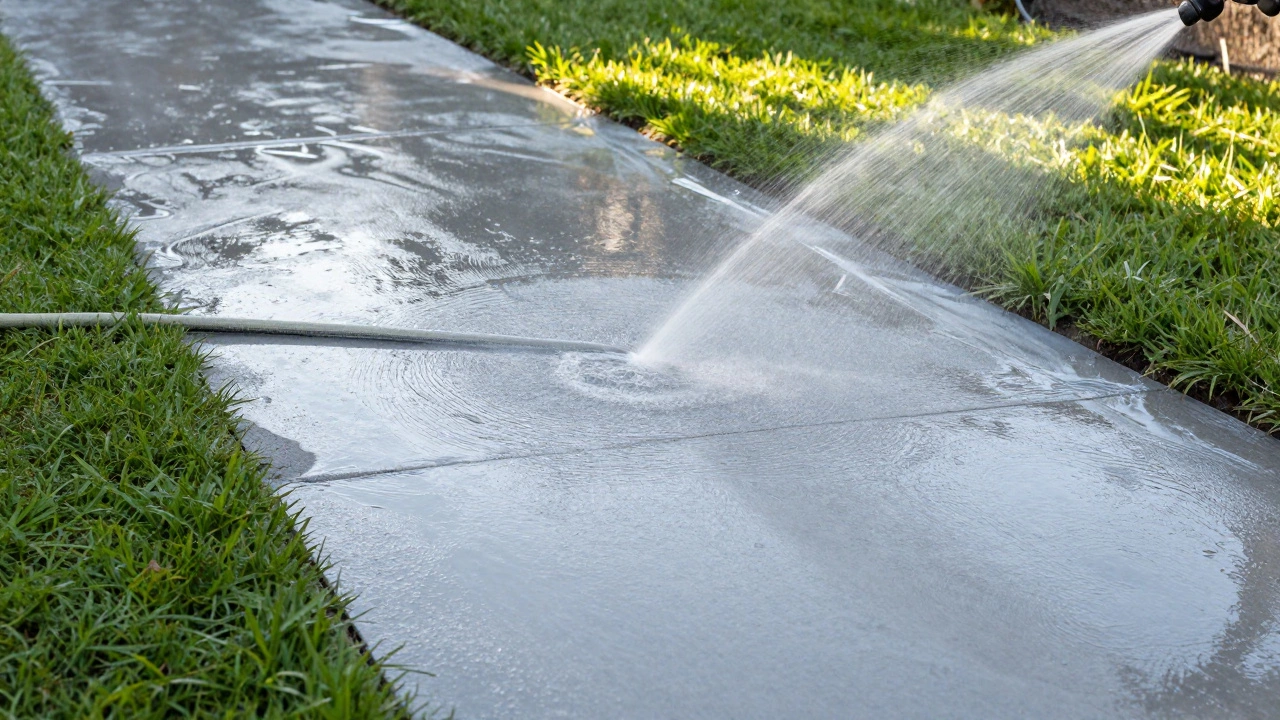 Мокрые бетонные плиты под пленкой, поливаемые из шланга на газоне.