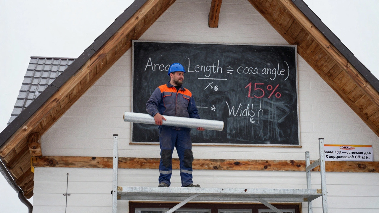 Рабочий на лесах держит рулон кровли, на доске — формула расчета площади с запасом 15%.