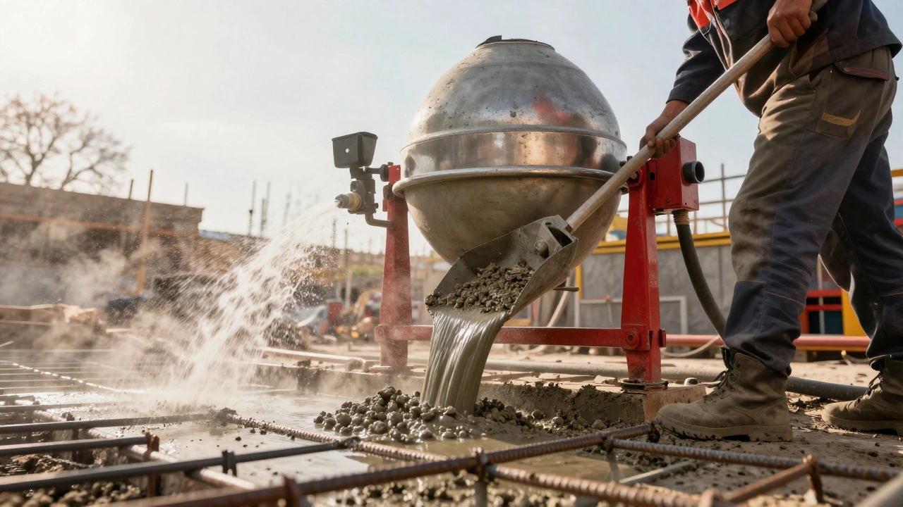 Рабочий смешивает бетонную смесь в красной бетономешалке.