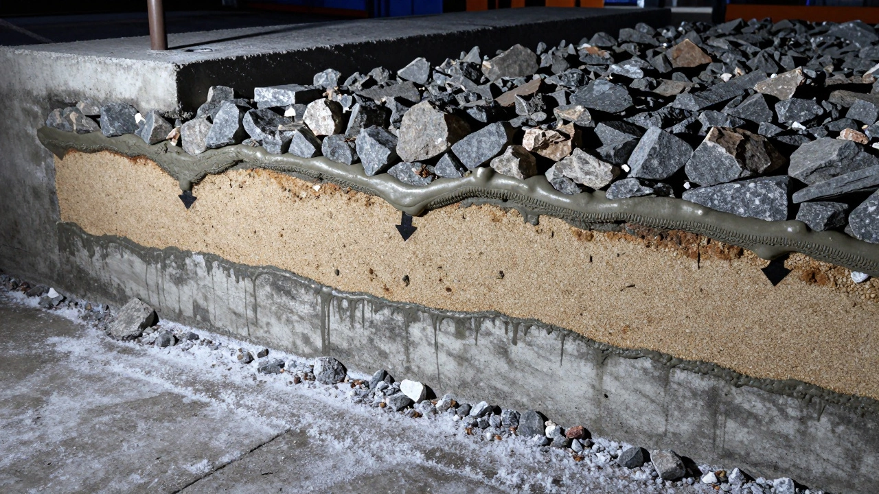 Разрез бетонного фундамента с слоями щебня, песка и цемента, на фоне морозной земли.