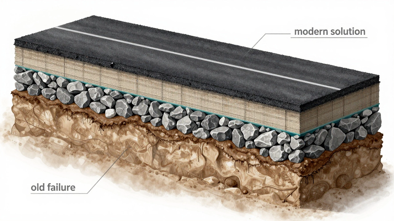 Разрез дороги: слои нового покрытия с геотекстилем и полимерами поверх нестабильного грунта.
