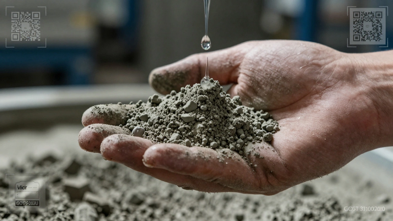 Рука сжимает цемент, который образует плотный комок, рядом — рассыпающаяся пыль, на фоне маркировки ГОСТ 31108-2020.